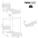 Keyluv Twin Upholstered Canopy Bed Frame with Drawer & Crystal Tufted Storage Headboard Metal Platform Bed with Charging Station & 4 Removable Posts No Box Spring Needed Curtain Not Included, Beige Keyluv