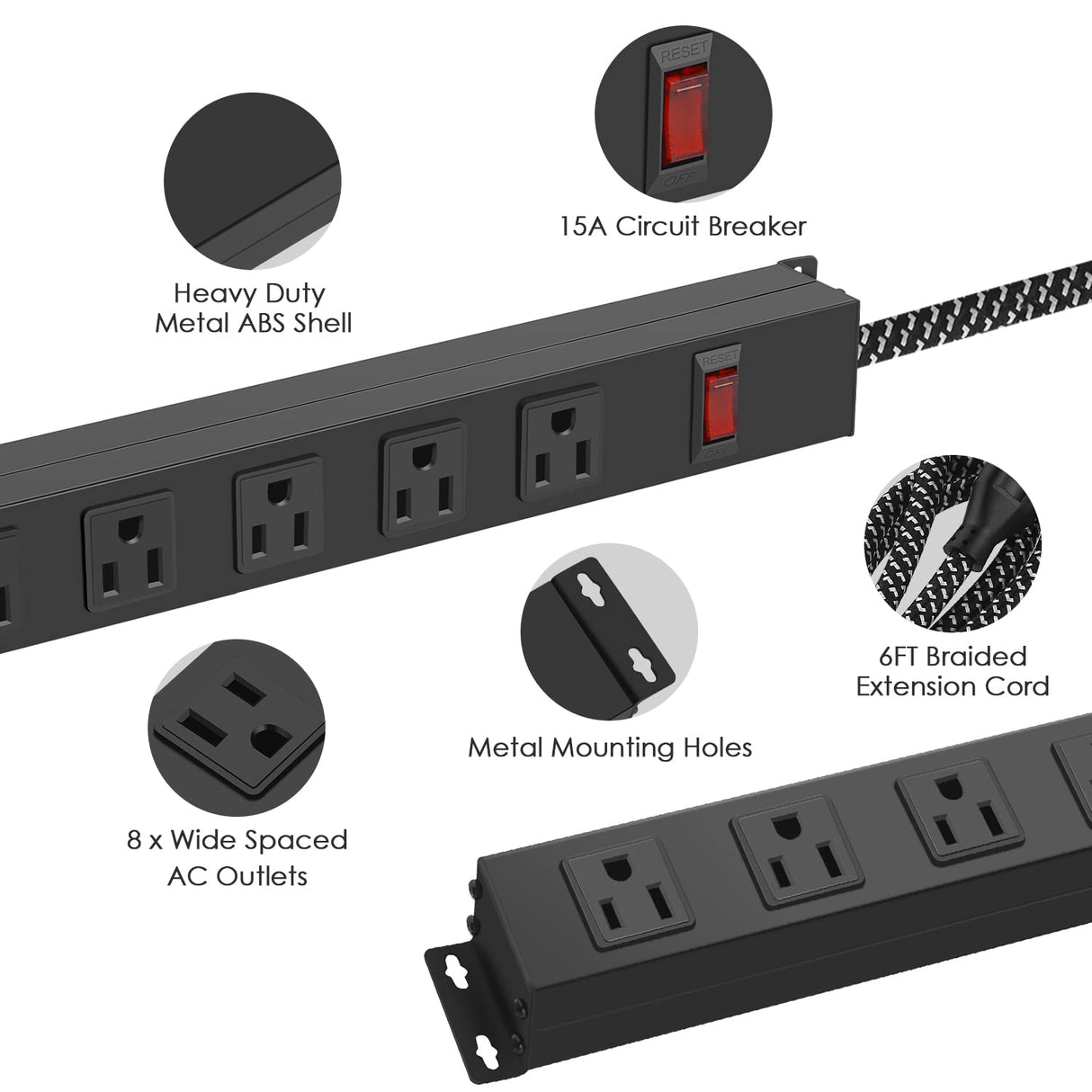 Metal 8 Outlet Mountable Power Strip with Switch,Wide Spaced Heavy Duty Wall Mount Power Strip Surge Protector 1200J,6FT 14AWG Braided Cord 15A 125V 1875W for Home Office Industrial Garage Commercial ANNQUAN