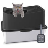 JOISTOON Top Entry Cat Litter Box with Lid, Stainless Steel Extra Large Enclosed Cat Kitty Litter Pan Easy Cleaning, Never Absorbs Odor, Stains, or Rusts, XL Metal High Litter Pan Tray, Black JOISTOON