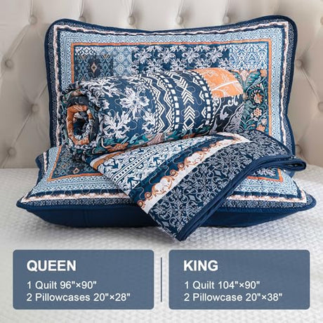 WONGS BEDDING Navy Blue Quilt Set King Size,Bohemian Patchwork Bedspread Coverlet Set, Reversible Farmhouse Floral Pattern Bedspreads Bedding Set for All Seasons (104"x90") WONGS BEDDING