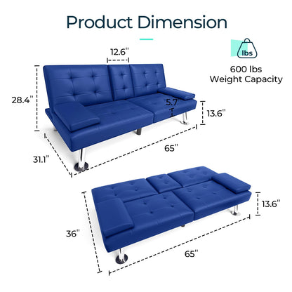 LINSY HOME Futon Couch, Futon Sofa Bed, Modern Faux Leather Black Futon Bed, Futon Convertible Recliner Folding Sleeper Sofa, Adjustable Backrest, Small Futon for Small Rooms, RV, Guest Room, Blue