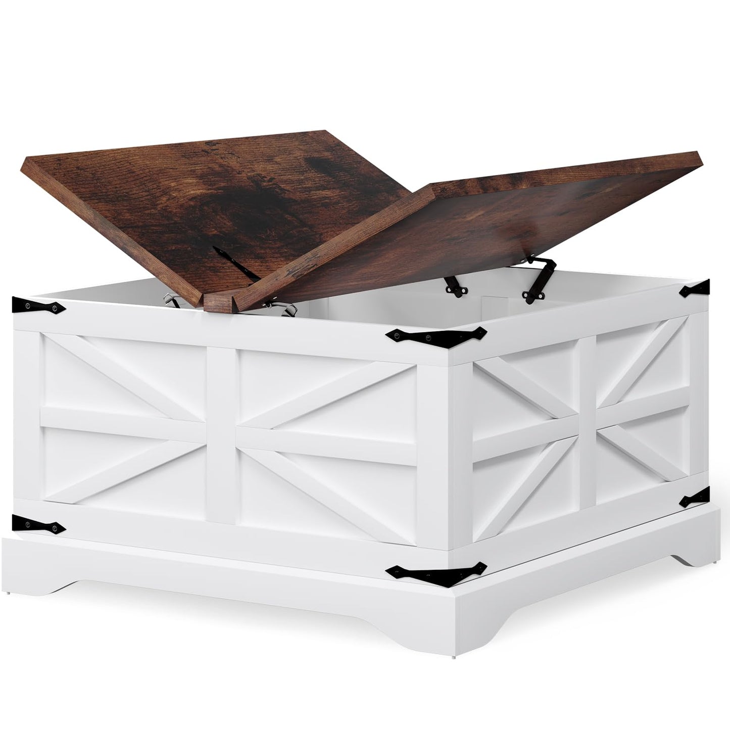 oneinmil Modern Farmhouse Coffee Table, Square Wood Center Table with Large Storage Space, Metal Corners, Z Shape, White - WoodArtSupply