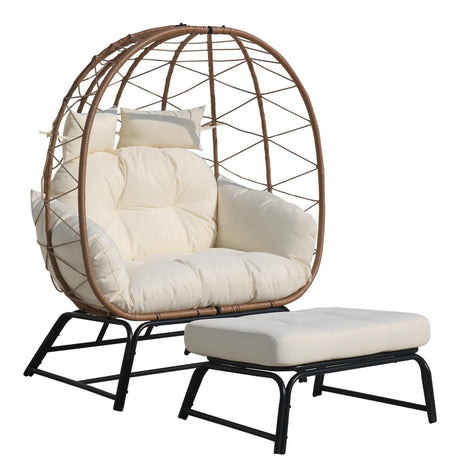 Outdoor Egg Chair Wicker- Oversized Patio Egg Chair Outdoor Indoor Rattan Chair with Comfort Footrests,Cushions,Rocking Chair Perfect for Garden Lounging & Cozy Moments(Cream) GOOEEN