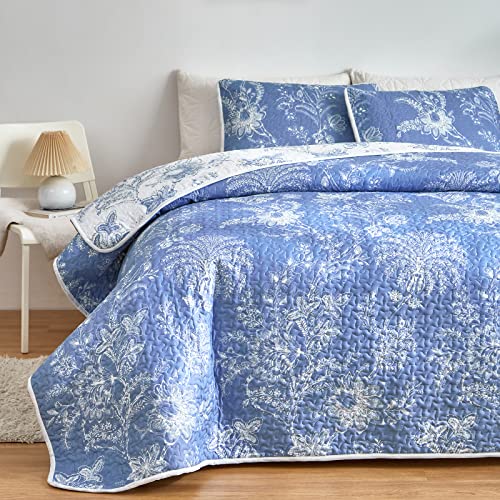 Flysheep Reversible Quilt Set Full Queen Size, 3 Pieces White Blue Botanical Floral Printed Summer Bedding Set, Soft Microfiber Lightweight Bedspread/Coverlet for All Season - 92"x90" Flysheep