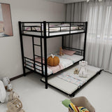 QSOSTNS Twin Over Twin Bunk Bed with Trundle, Heavy Duty Bunk Beds Frame with Side Ladders Convertible Bunkbed with Safety Guard Rails, No Box Spring Needed (Black) QSOSTNS