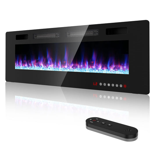 BREEZEHEAT 60 inch Electric Fireplace Wall Mounted/Freestanding-Ultra Thin Fireplace Inserts for Living Room with Heater, Remote Control, Touch Screen, Led Flame, 8H Timer, 750w/1500w