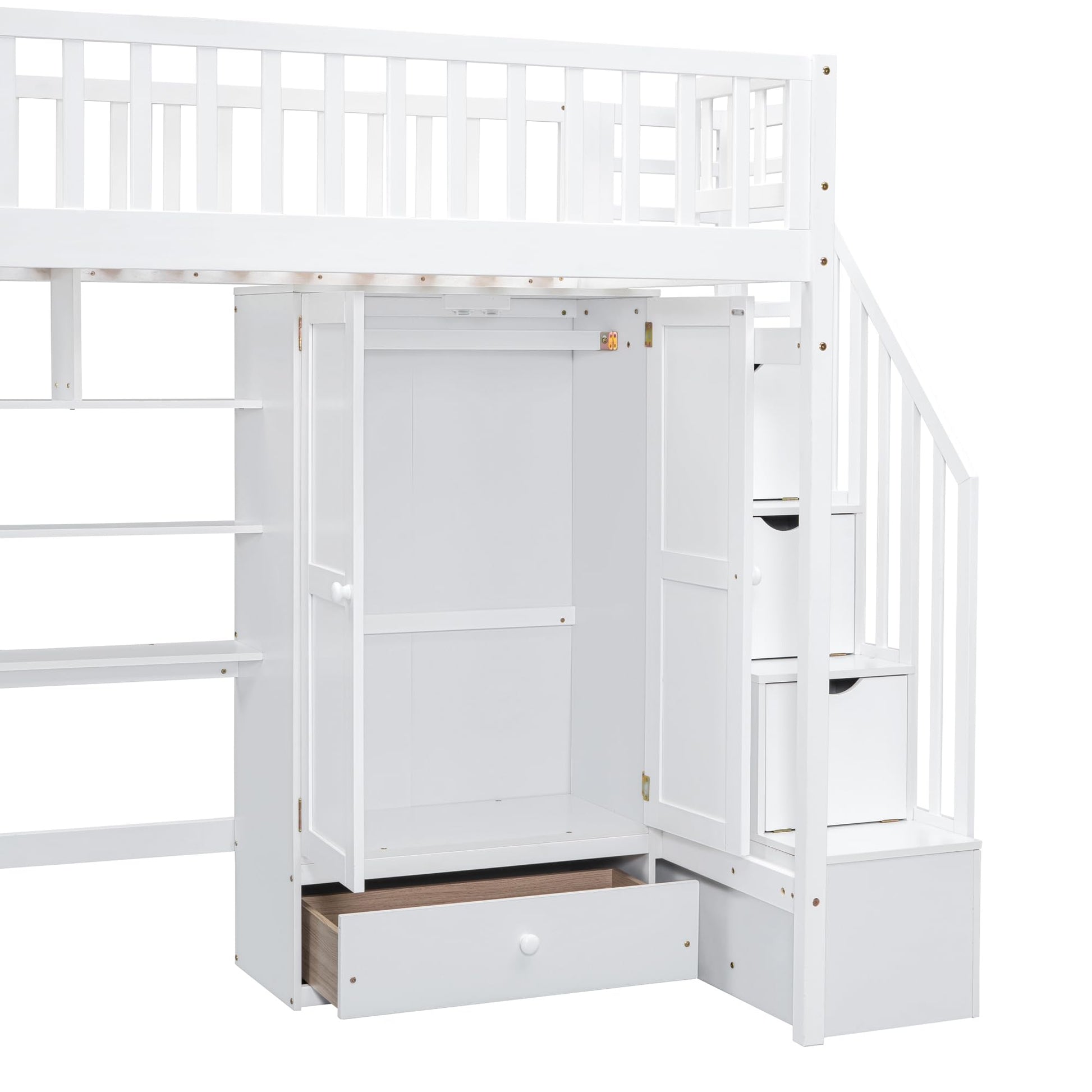 Twin Loft Bed with Desk, Bookshelf, Storage & Stairs by Harper & Bright Designs - Solid Wood in White - WoodArtSupply