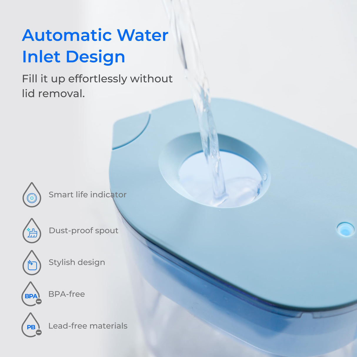 Waterdrop Water Filter Pitcher with 1 Filter, 200-Gallon Long-Life, 10-Cup Large Water Filter Pitcher, NSF Certified, 5X Times Lifetime, Reduces PFOA/PFOS, Chlorine, Blue Waterdrop