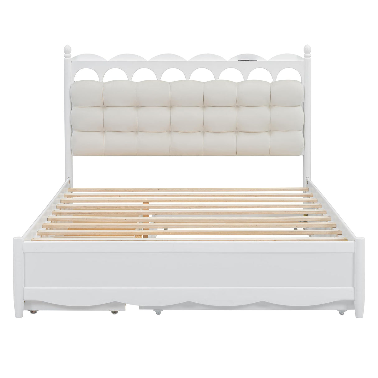 Bellemave Queen Bed Frame with Headboard & USB Ports, Queen Size Platform Bed with Twin XL Size Trundle, Queen Size Bed Frame with 2 Drawers, No Noise, No Box Spring Needed, Wood, White Bellemave