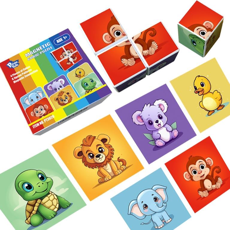 Pairez Toys 3D Magnetic Cubic Jigsaw Puzzle Toys for Toddlers, Large Building Blocks Cubes 1.65 Inches, Integrated with Magnets, 6 Patterns in Animal Theme Pairez Toys