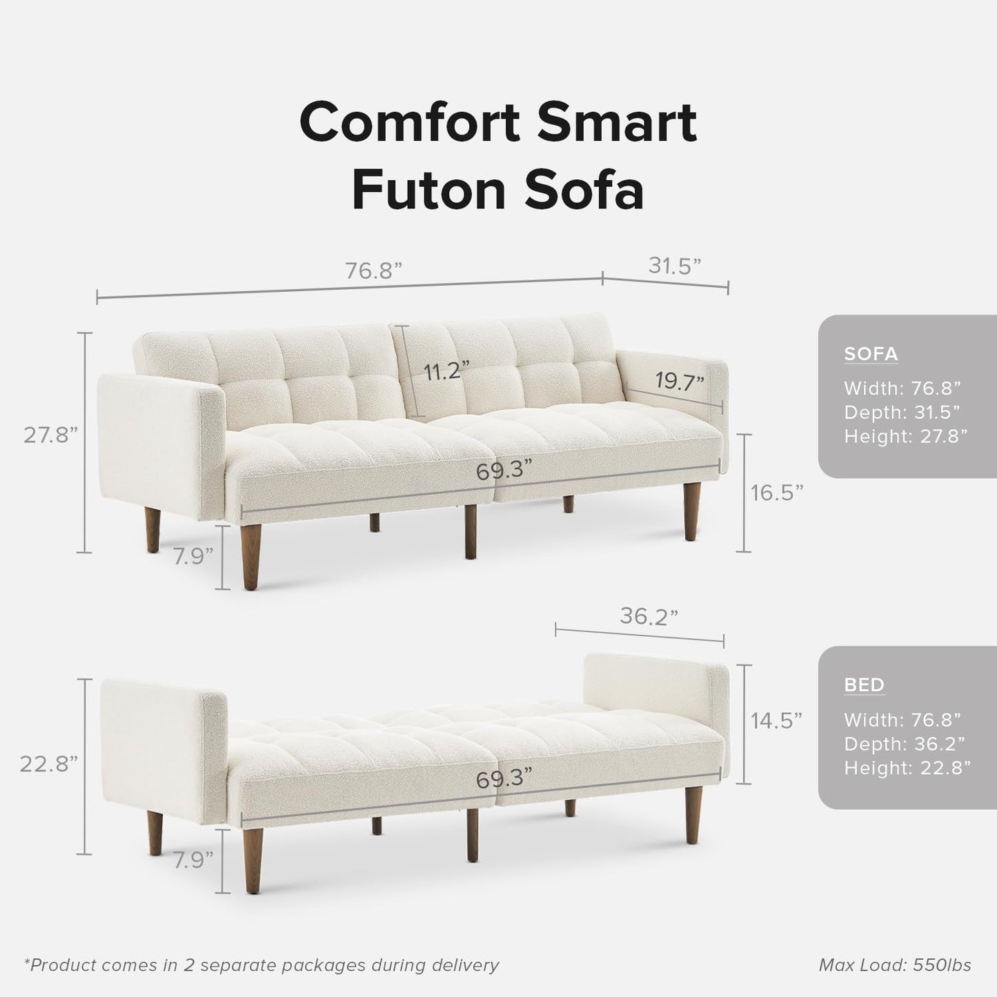 mopio Aaron Couch, Small Sofa, Futon, Sofa Bed, Sleeper Sofa, Loveseat, Mid Century Modern Futon Couch, Sofa Cama, Couches for Living Room, Bedroom (Pearl White, Boucle)