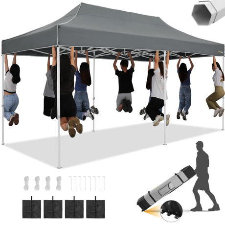 HOTEEL 10x20 Heavy Duty Pop Up Canopy Tent Outdoor Canopy Tents for Parties, Commercial Instant Waterproof Canopy Wedding Event Tent with Roller Bag, UV 50+Portable Shelter, Thick Hexagonal Legs, Grey Hoteel