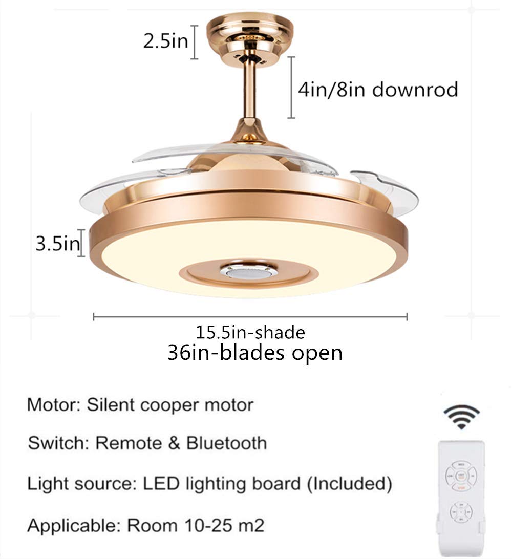 Fandian 36'' Modern Smart Ceiling Fans with Light, Bluetooth Speaker Chandeliers 7 Colors Retractable Blades Fandeliers with Remote Control, Dimmable LED Kits for Indoor Bedroom (36 Classic) Fandian