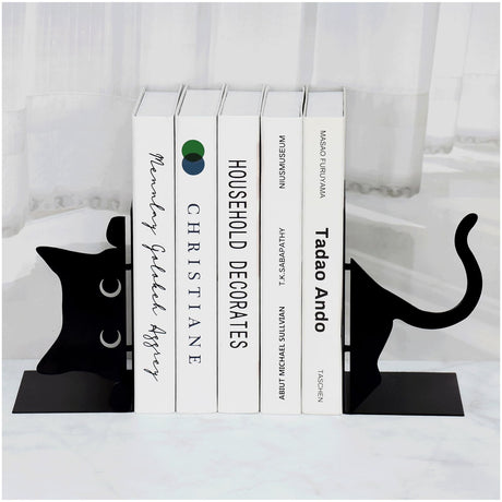 ENCIMART Book Ends Cat Decor Unique Bookshelf, Cute Metal Bookends for Shelves, Black Bookends to Hold Books for Bedroom Library Office School Book Desktop Organizer Cat Lover Gifts ENCIMART