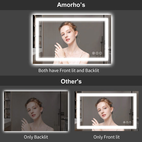 Amorho LED Bathroom Mirror 55"x 30", Backlit + Front-Lighted Vanity Mirror, Dimmable Bathroom Mirrors for Wall, Anti-Fog, Memory, 3 Colors, Double LED Lights, Shatter-Proof, ETL Listed Amorho