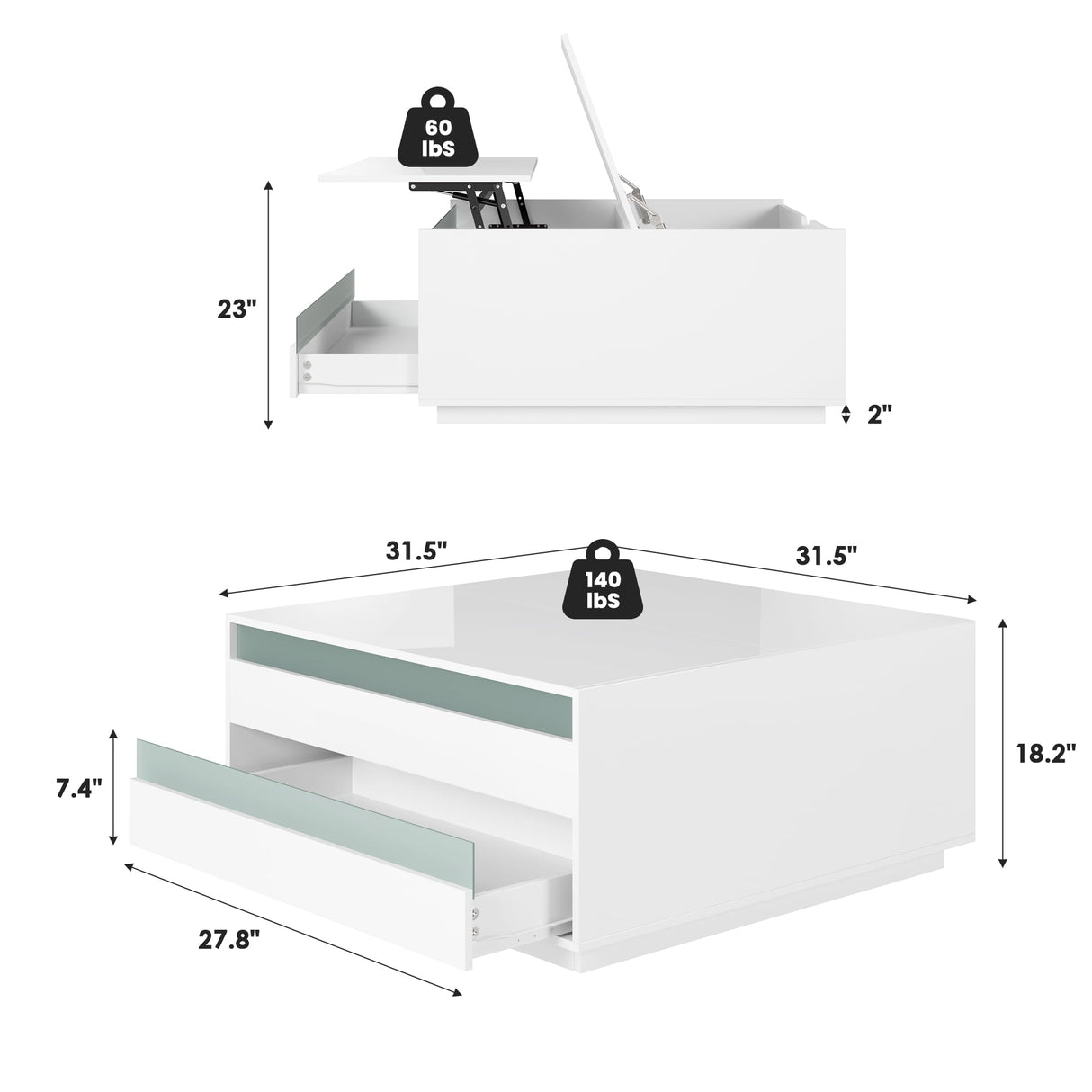 High Gloss Coffee Table with Storage,White Square Lift Top Coffee Tables with LED & Flip Lid, Small Modern Coffee Table for Living Room with Drawer HAIOOU