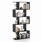Tangkula 5-Tier Geometric Bookshelf, S Shaped Bookcase w/Anti-Toppling Device, Freestanding Room Divider, Industrial Home Office Decor Wood Open Storage Display Shelf for Living Room (1, Black) Tangkula