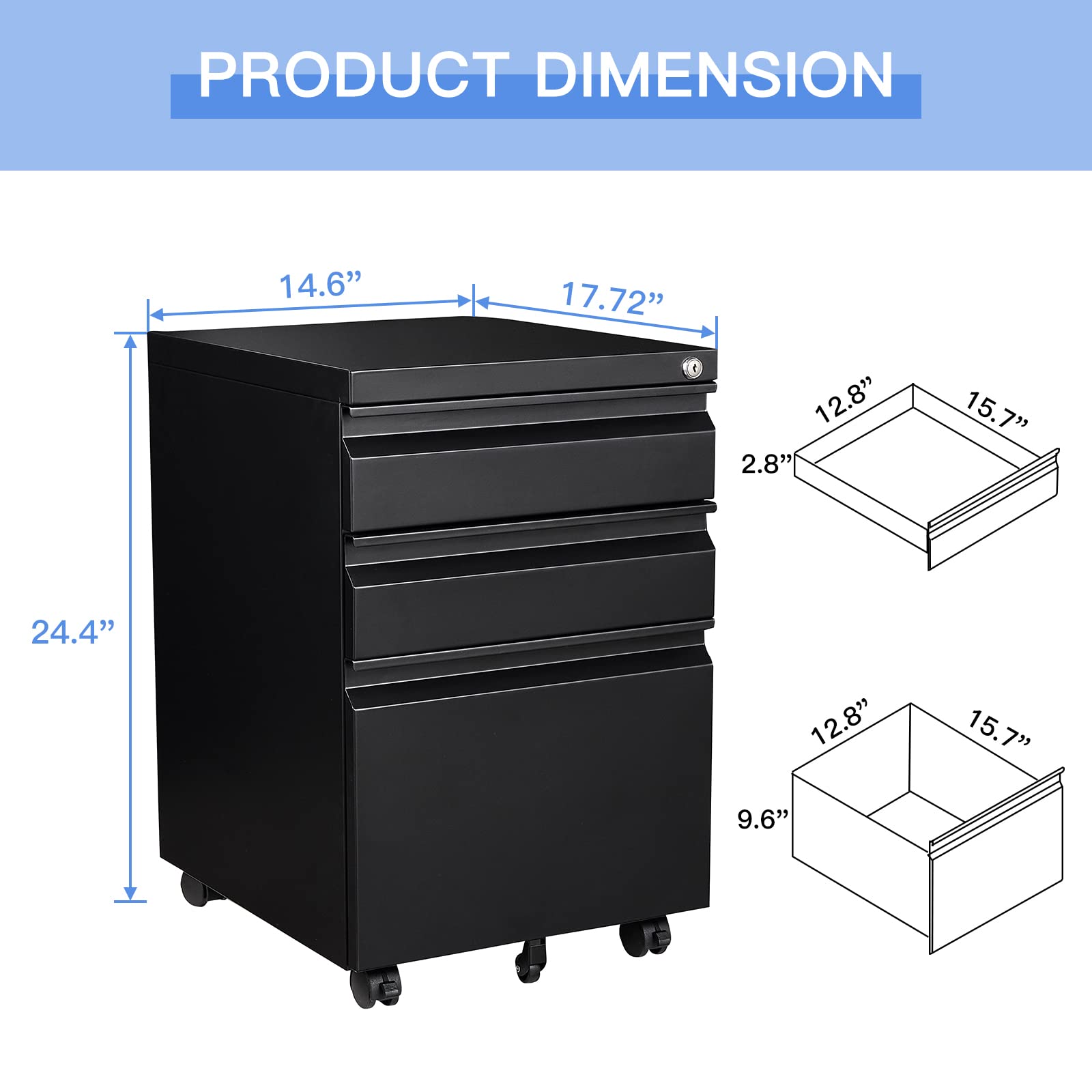 Yizosh 3 Drawer Mobile File Cabinet with Lock, Black Under Desk Rolling Filing Cabinet, Metal Locking File Cabinet on Wheels for Legal/Letter/A4 File (Full Assemble) - WoodArtSupply