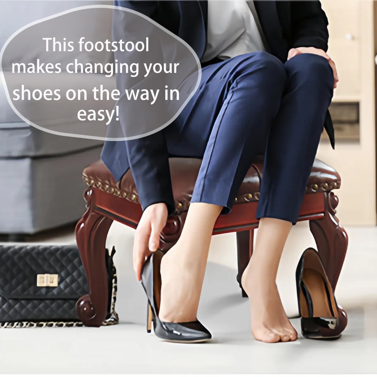 KUKEJCM Ottoman Foot Rest, Small Leather Footstool, Vintage Living Room Ottoman, Solid Wooden Shoe Stool, Dark Brown KUKEJCM