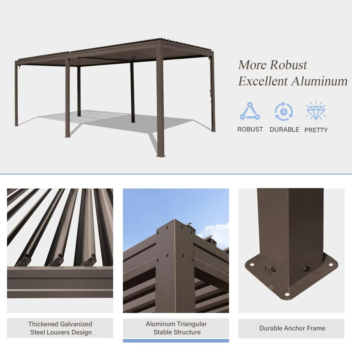 Domi Outdoor Louvered Pergola 10x20FT with Adjustable Steel Roof, Outdoor Aluminum Frame Rainproof Pergola for Backyard, Garden and Lawn,Brown domi outdoor living