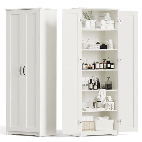 Teekyooly 70" Tall Storage Pantry Cabinet, Bathroom Floor Organizer Storage Cabinet with 2 Doors and 6 Adjustable Shelves, Standing Utility Cabinet for Dining Room, Food Storage and Kitchen, White Teekyooly
