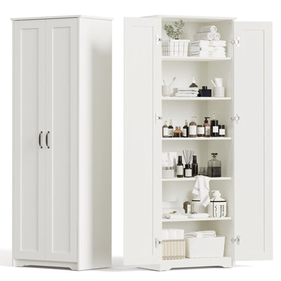 Teekyooly 70" Tall Storage Pantry Cabinet, Bathroom Floor Organizer Storage Cabinet with 2 Doors and 6 Adjustable Shelves, Standing Utility Cabinet for Dining Room, Food Storage and Kitchen, White