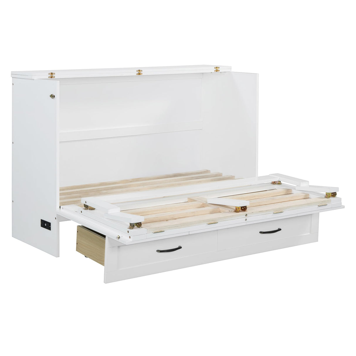 Merax Full Size Murphy Bed Cabinet with Charging Station and Large Storage Drawer, Foldable Pull Out Murphy Chest Bed for Apartments, Bedrooms, Studio, No Spring Box Needed, White Merax