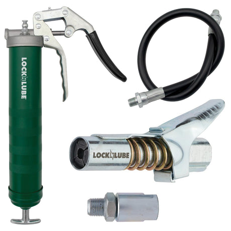 LockNLube Heavy-Duty Pistol Grip Grease Gun. Includes our patented LockNLube® Grease Coupler (Locks On, Stays On, Won't Leak!) plus a high-quality 20" hose and in-line hose swivel LockNLube
