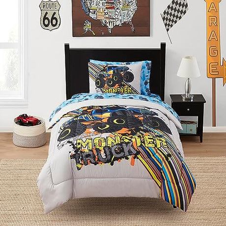 Kids Bedding Set Bed in a Bag for Boys and Girls Toddlers Printed Sheet Set and Comforter, Twin, Monster Truck Sweet Home Collection