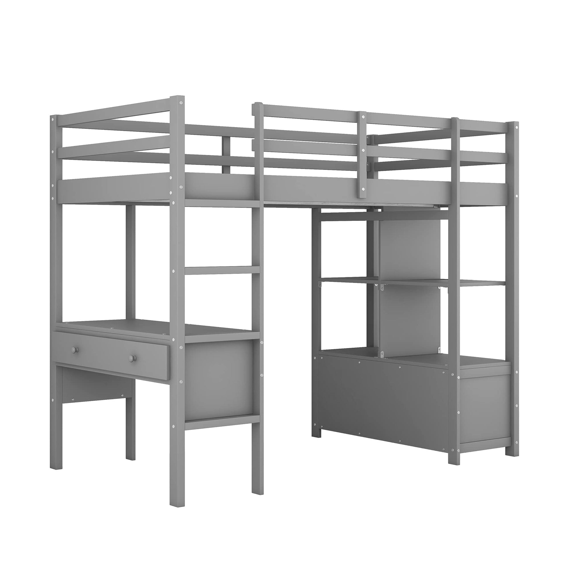 Harper & Bright Designs Twin Size Loft Bed with Desk and Storage, Wood High Loft Bed Frame with Shelves, Multifunctional Loft Bed Twin for Kids Teens Adults (Grey) - WoodArtSupply