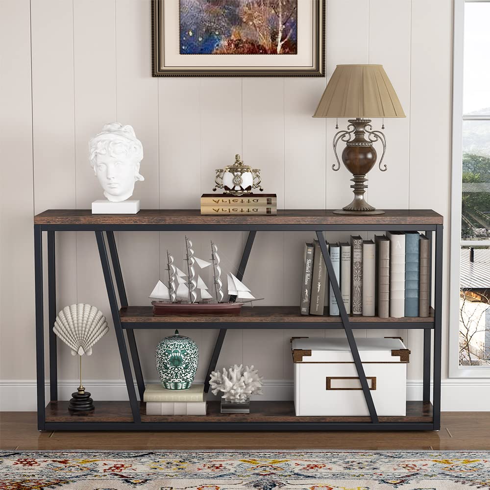 Tribesigns Console Table, Industrial Sofa Table with Shelves, 3-Tier Entryway Table with Storage for Entryway, Living Room, Hallway, 59.1" L x 11.8" W x 31.5" H, Rustic Brown - WoodArtSupply