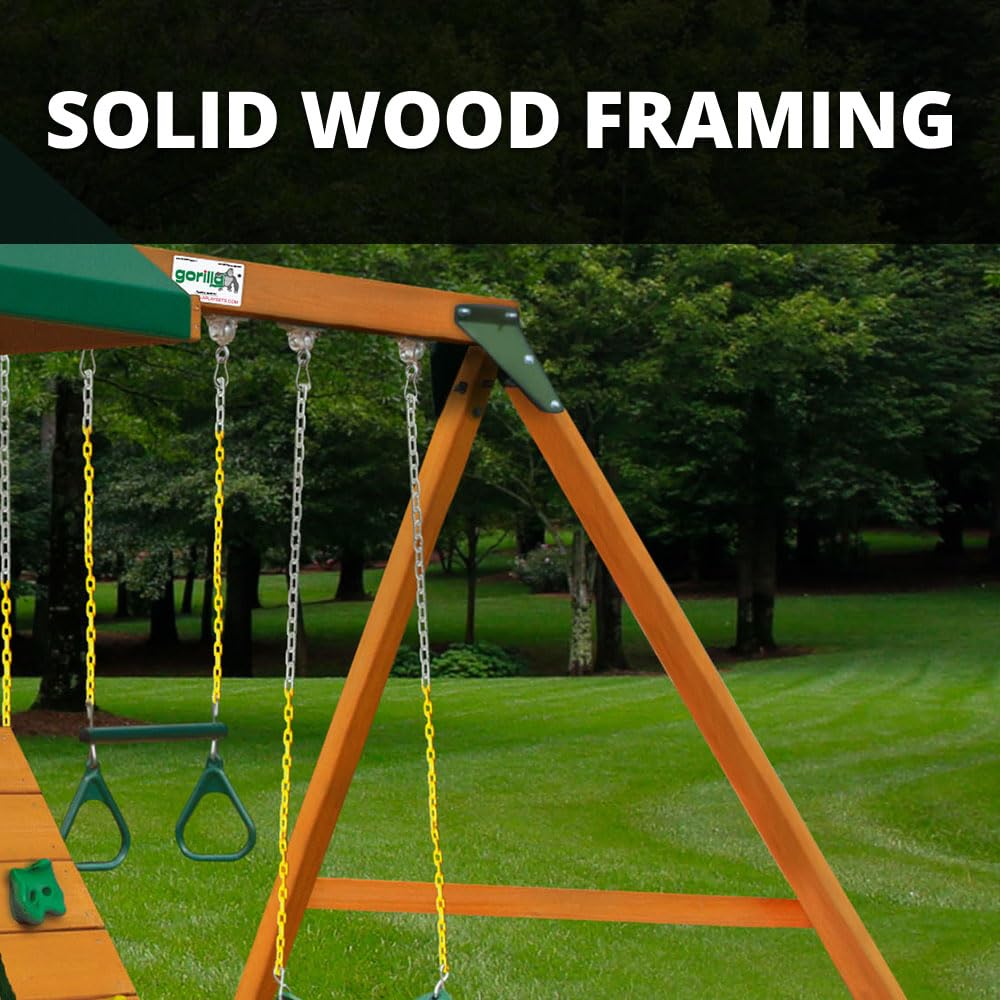 Gorilla Playsets 01-1033 Ozark II Wood Swing Set with Green Vinyl Canopy, Rock Wall, and Punching Ball - WoodArtSupply