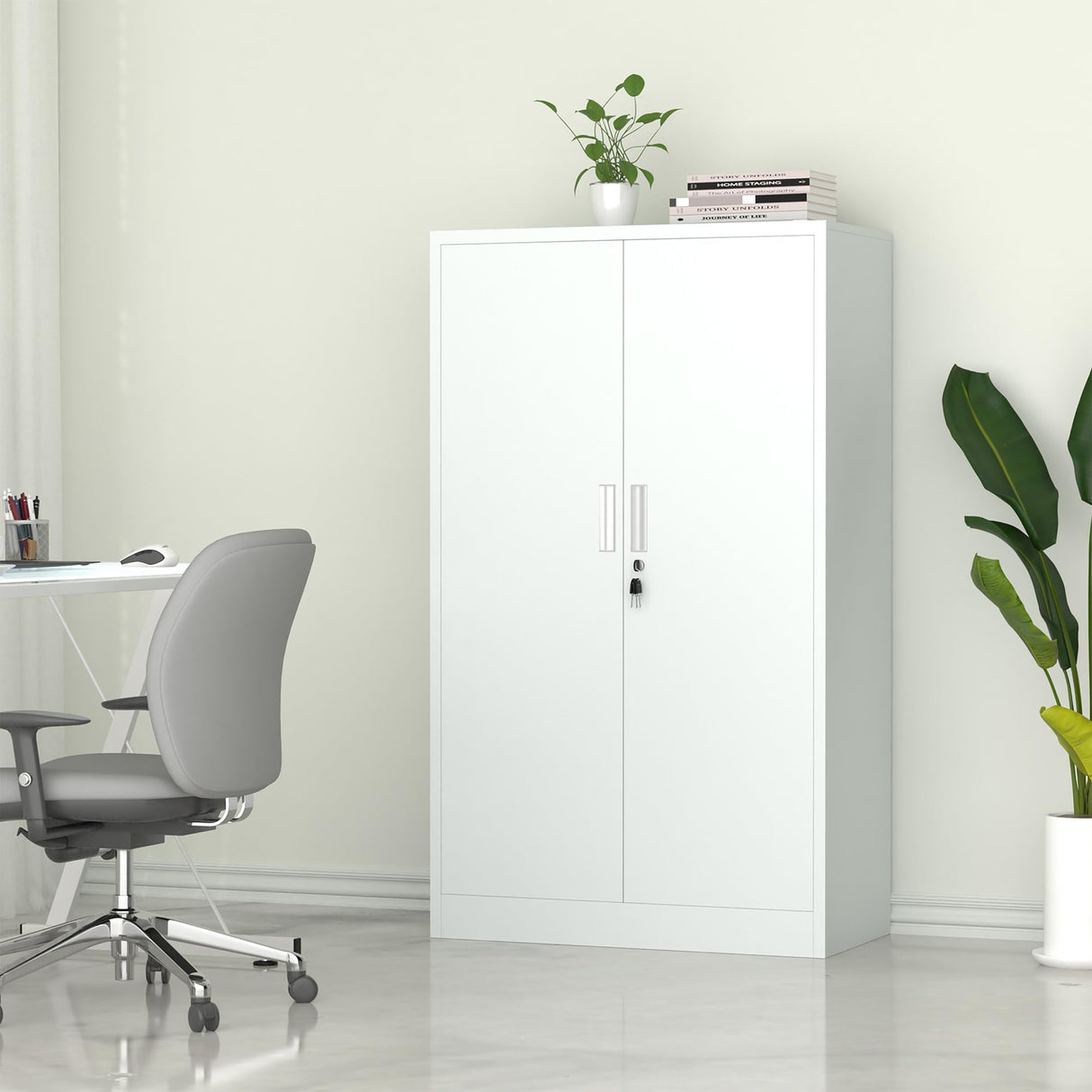 iJINGUR Metal Storage Cabinet with Locking Doors and Adjustable Shelves, 53.5-Inch Tall Lockable Storage Cabinets for Home Office Garage Kitchen Pantry (White) iJINGUR