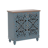 Sophia & William Accent Cabinet with 2 Doors, Distressed Storage Cabinet with Wood Frame and Hollow-Carved Door for Entryway Living Room, Blue Sophia & William