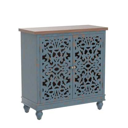 Sophia & William Accent Cabinet with 2 Doors, Distressed Storage Cabinet with Wood Frame and Hollow-Carved Door for Entryway Living Room, Blue