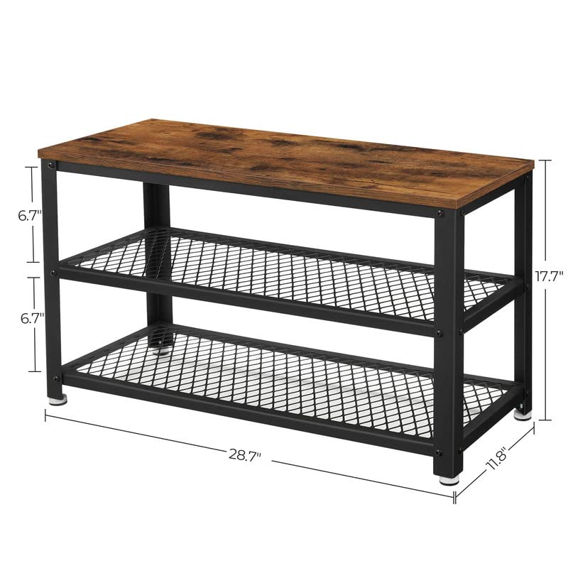 VASAGLE, 3-Tier Shoe Rack, Shelf Storage Bench with Metal Mesh Shelves and Seat, Free Standing Shoe Organizer for Entryway, 11.8 x 28.7 x 17.7 Inches, Rustic Brown and Black ULBS73X VASAGLE