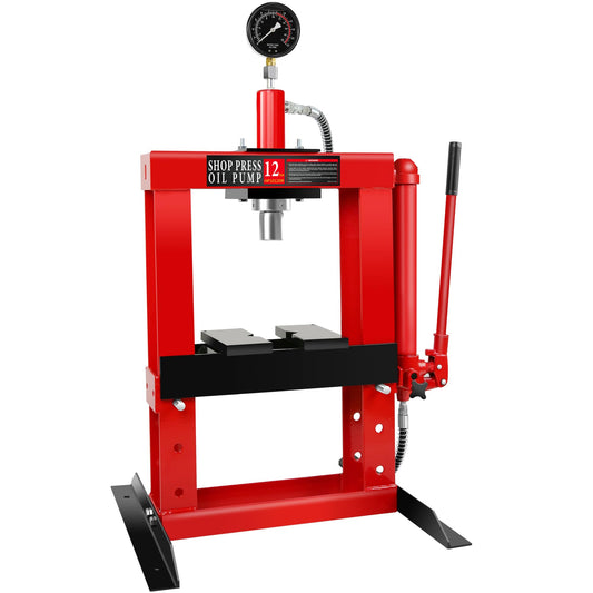 Hydraulic Shop Press, 12Ton H-Frame Garage Shop Benchtop Press with Pressure Gauge & Press Plates, Adjustable Working Table Height Used for Pressing, Bending, and Straightening, Red - WoodArtSupply