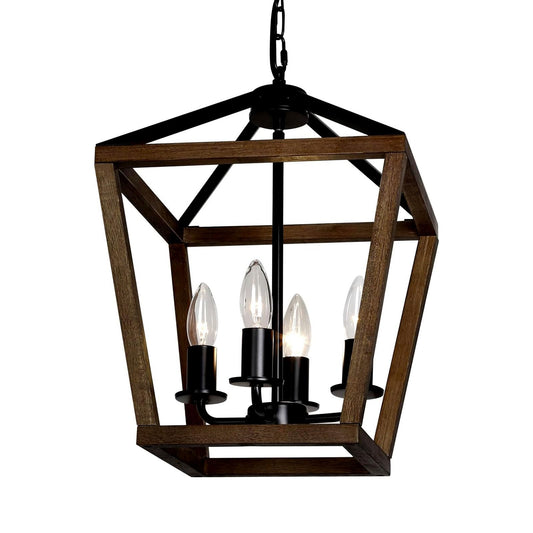 TELAFLY 4-Light Lantern Pendant Light,Black Wood Cage Farmhouse Chandelier for Kitchen Island,12'' Rustic Metal Geometric Hanging Lighting Fixture for Kitchen Island Dining Room Bedroom Foyer Entry