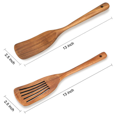 2 Pcs Acacia Wood Spatula Set Non Stick Cooking Utensils Slotted Turner Flat Wooden Kitchen Wok Spatula for Mixing Frying Fish Spatula Egg Flipper Turner Kitchen Utensil Pancake Spatula for Cooking