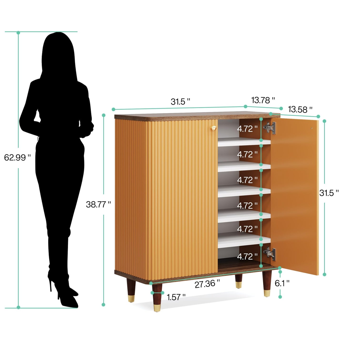 Tribesigns Wood Shoe Cabinet with Doors, 24 Pairs Shoe Storage Cabinet with Adjustable Shelves, 6-Tier Free Standing Tall Shoe Organizer Cabinet for Entryway Hallway Closet, Walnut and Orange