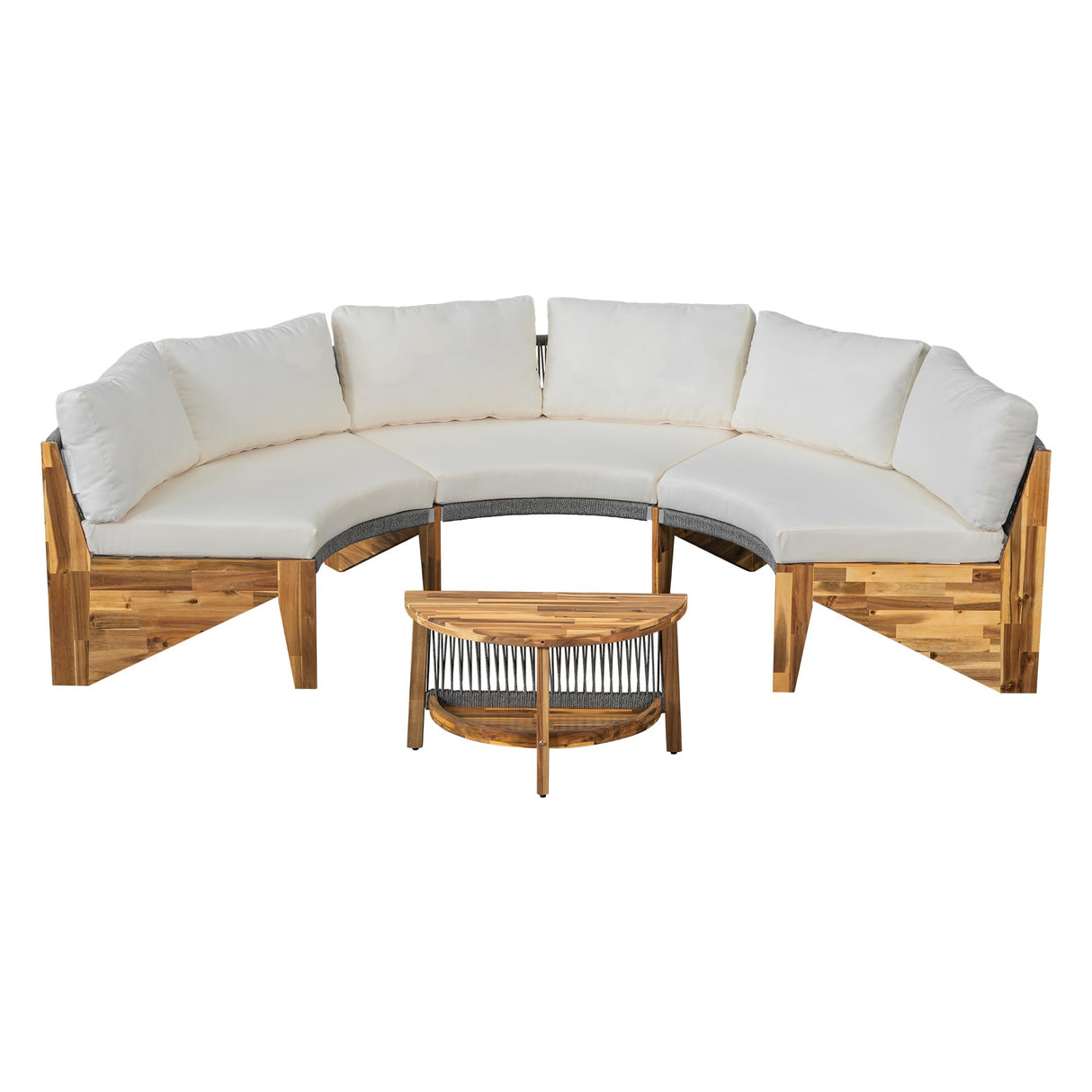 Quarte Outdoor Acacia Wood Round Sofa Set, Half-Moon Sectional Sets with Coffee Table,6-Person Seating Group for Garden, Deck (Beige/Half-Moon*A) Quarte
