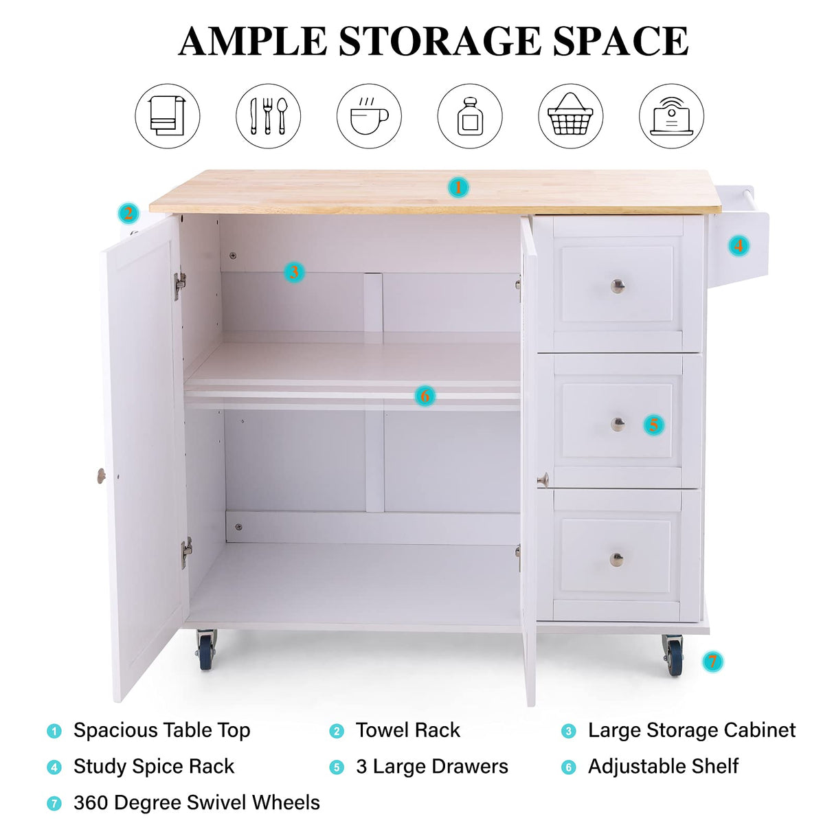 PHI VILLA Kitchen Island Cart on Wheels - Portable Kitchen Island with Drop Leaf, Rolling Kitchen Island with Storage PHI VILLA