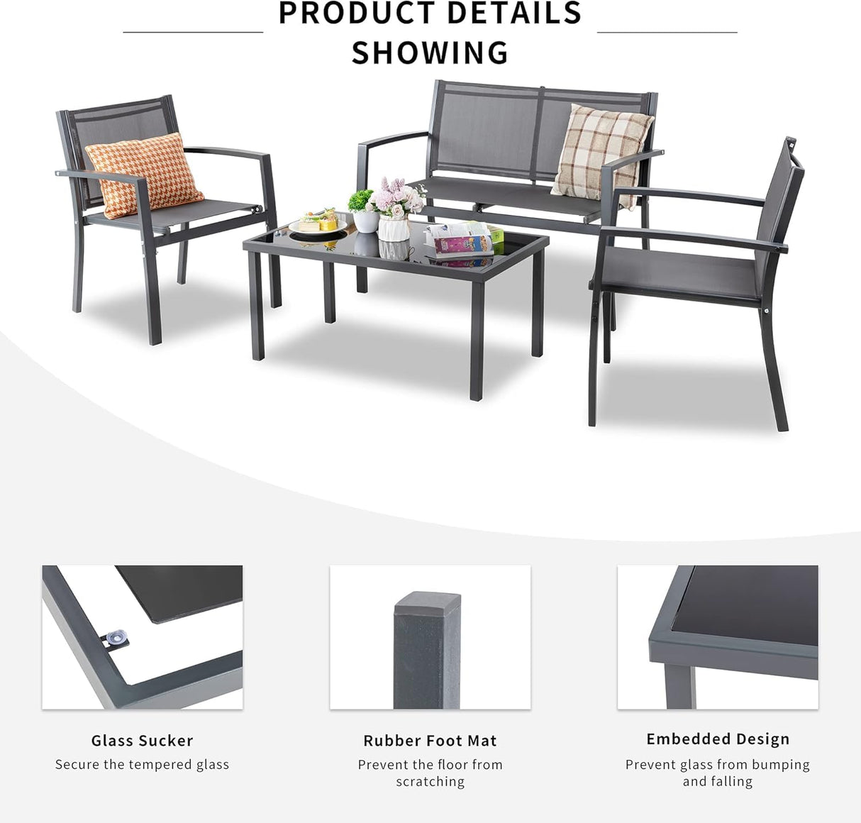 Shintenchi 4 Pieces Patio Furniture Set All Weather Textile Fabric Outdoor Conversation Set, with Glass Coffee Table, Loveseat, 2 Single Chairs for Home, Garden, Lawn, Porch（Gray） Shintenchi