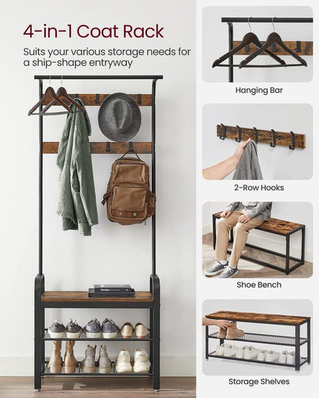 VASAGLE Coat Rack, Hall Tree with Shoe Bench for Entryway, Entryway Bench with Coat Rack, 4-in-1, with 9 Removable Hooks, a Hanging Rod, 13.3 x 28.3 x 72.1 Inches, Rustic Brown and Black UHSR40B VASAGLE