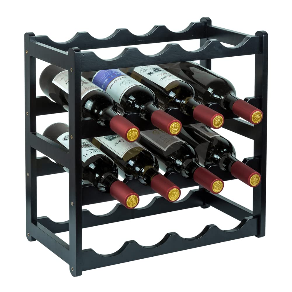 Homevany Bamboo Wine Rack, Sturdy and Durable Wine Storage Cabinet Shelf, Wine Racks Countertop for Pantry - 4 Tiers 16 Bottle Wine Rack Black Homevany