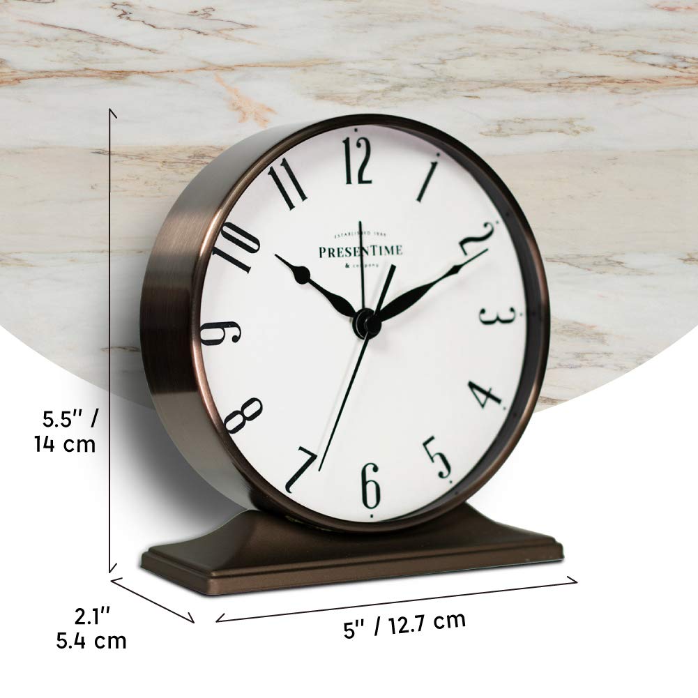 Presentime & Co Lewis Mantel Alarm Clock, Desk and Shelf Clock, Tabletop Decoration, 5.5 x 5 inch, Silent no Ticking, Metal Base, Bronze Finish, Arabic Numeral Presentime