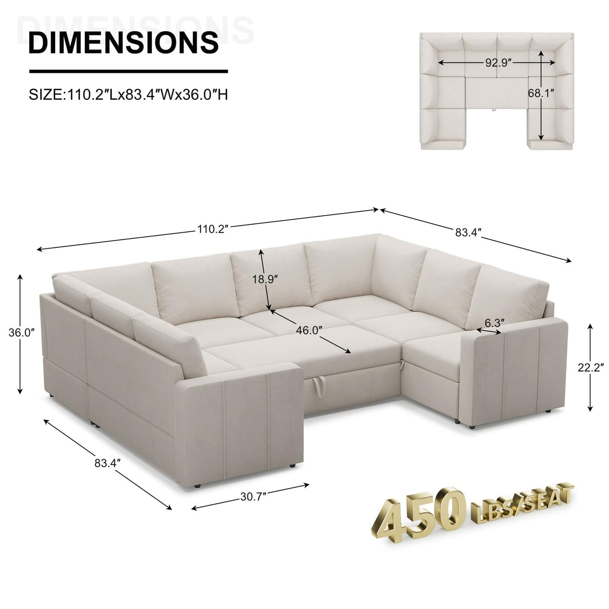 Belffin Modular Sectional Sleeper Sofa Bed with Pull Out Couch, Oversized U Shaped Sleeper Pull Out Bed with Storage Loveseat, Convertible Sectional Couches for Living Room, Beige Belffin