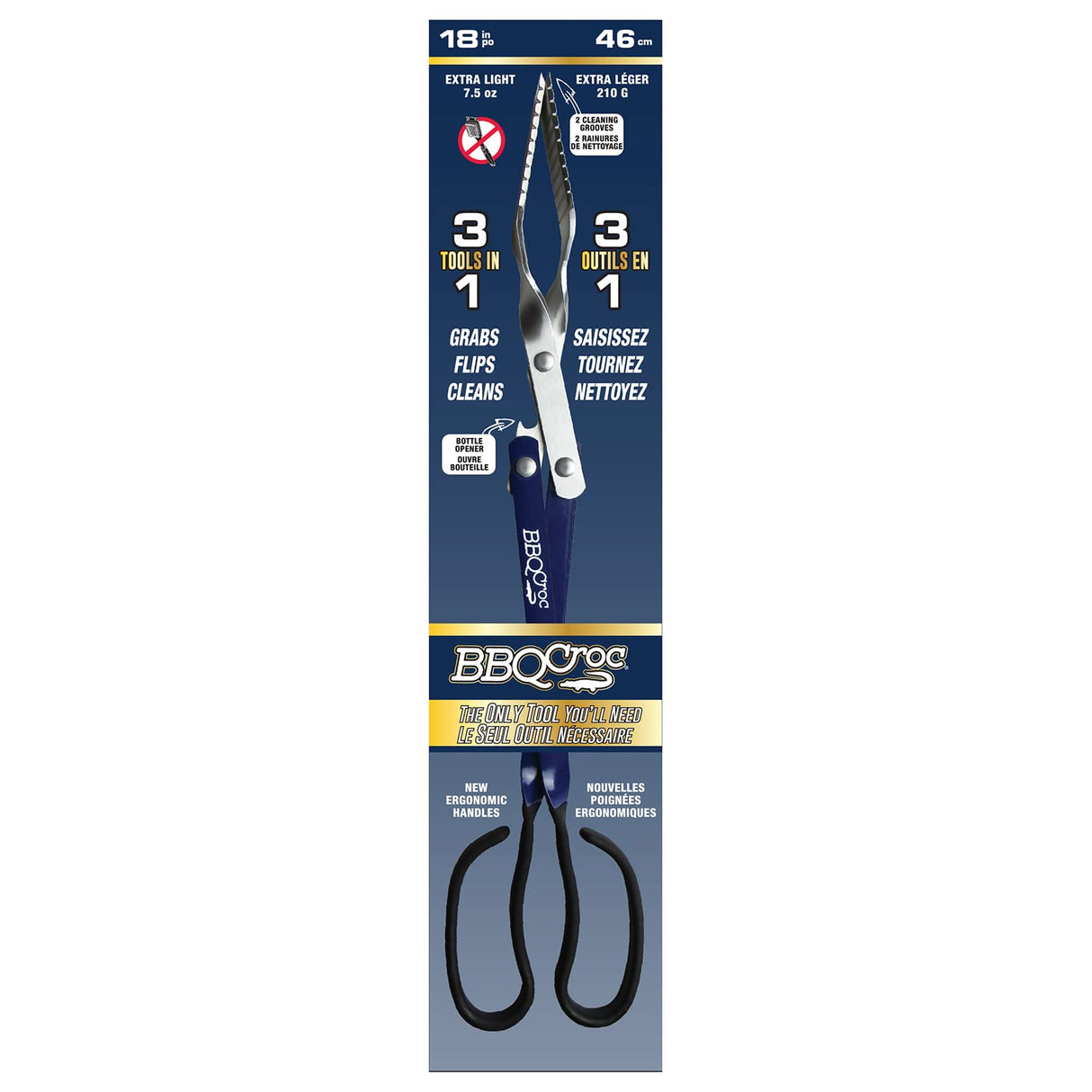 BBQ Croc 3 in 1 Barbecue Tool 18-inch - Lightweight and Long Tongs, Spatula and Grill Scraper (Blue) (18 inch Without Flashlight) BBQCroc