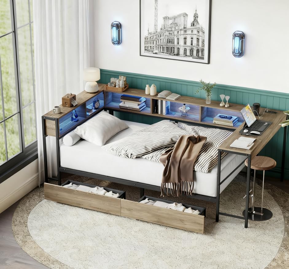 Bellemave Full Corner Bed Frame with Desk and Storage, Full Size Captains Bed with Charging Station and LED Light, Wood Daybeds with L-Shaped Bookcase and 2 Drawers, Grey Bellemave