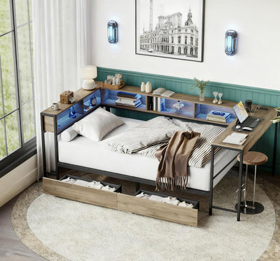Bellemave Full Corner Bed Frame with Desk and Storage, Full Size Captains Bed with Charging Station and LED Light, Wood Daybeds with L-Shaped Bookcase and 2 Drawers, Grey